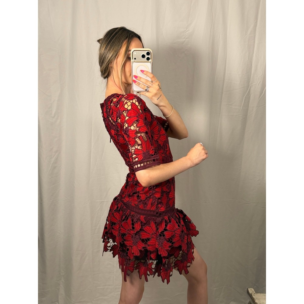 Just Me Floral Lace Mini Dress Womens XS Burgundy Red Excellent Tiered Ruffle - Picture 4 of 9